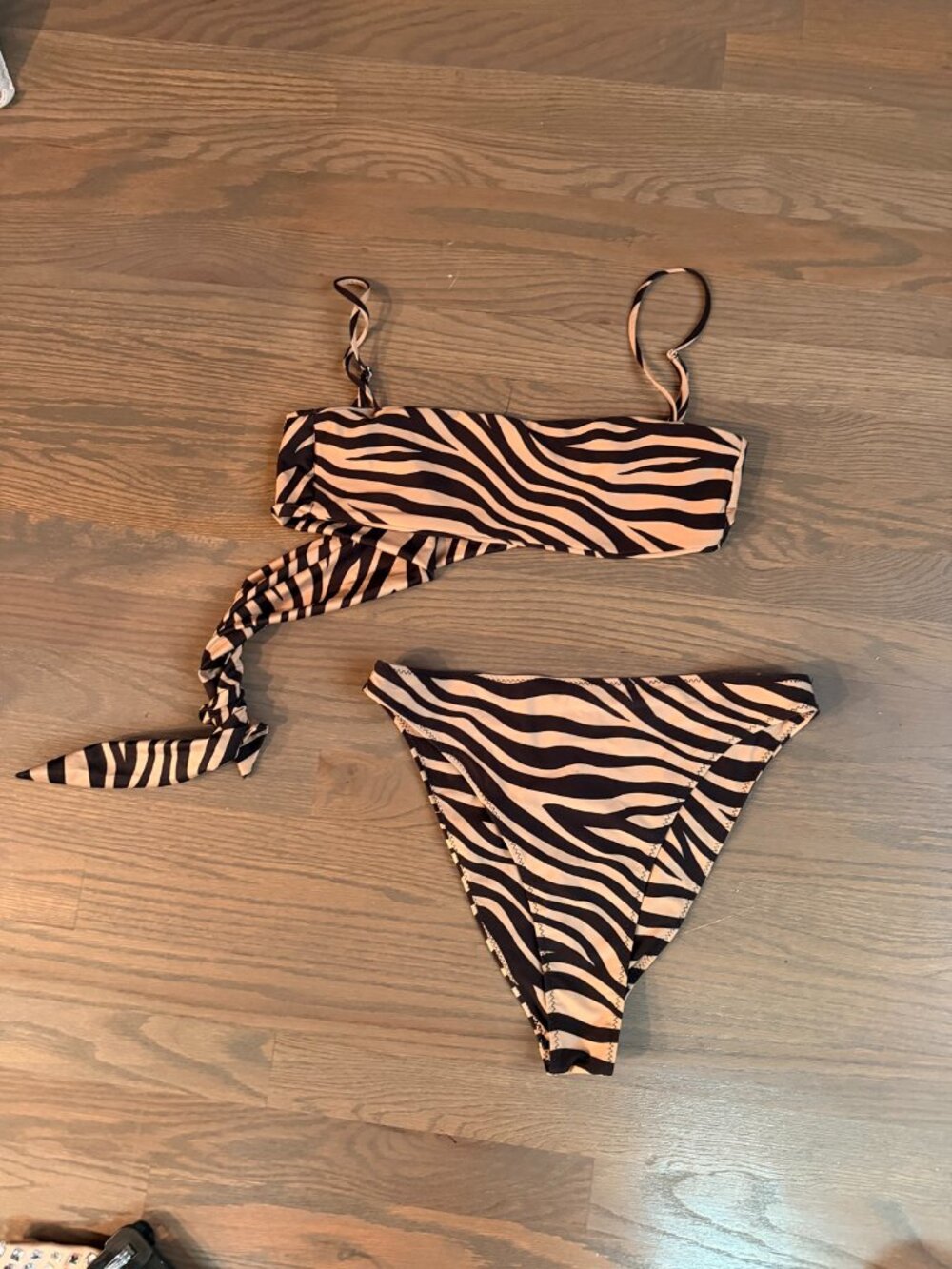 SAME Swim Los Angeles Tiger Zebra Print Bandeau Bikini Set Tan Black XL/L